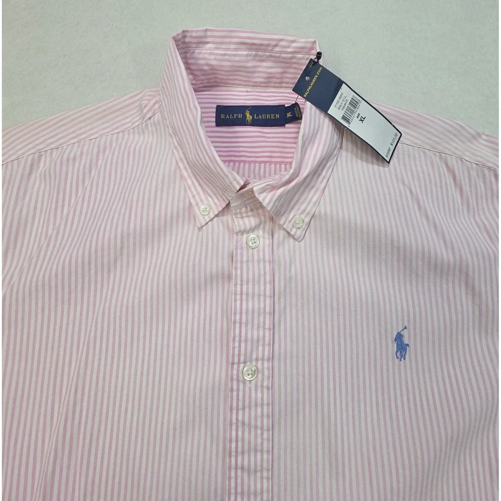 Polo Ralph Lauren Shirt Men XL Pink Blue Striped Long Sleeve Button Front Casual